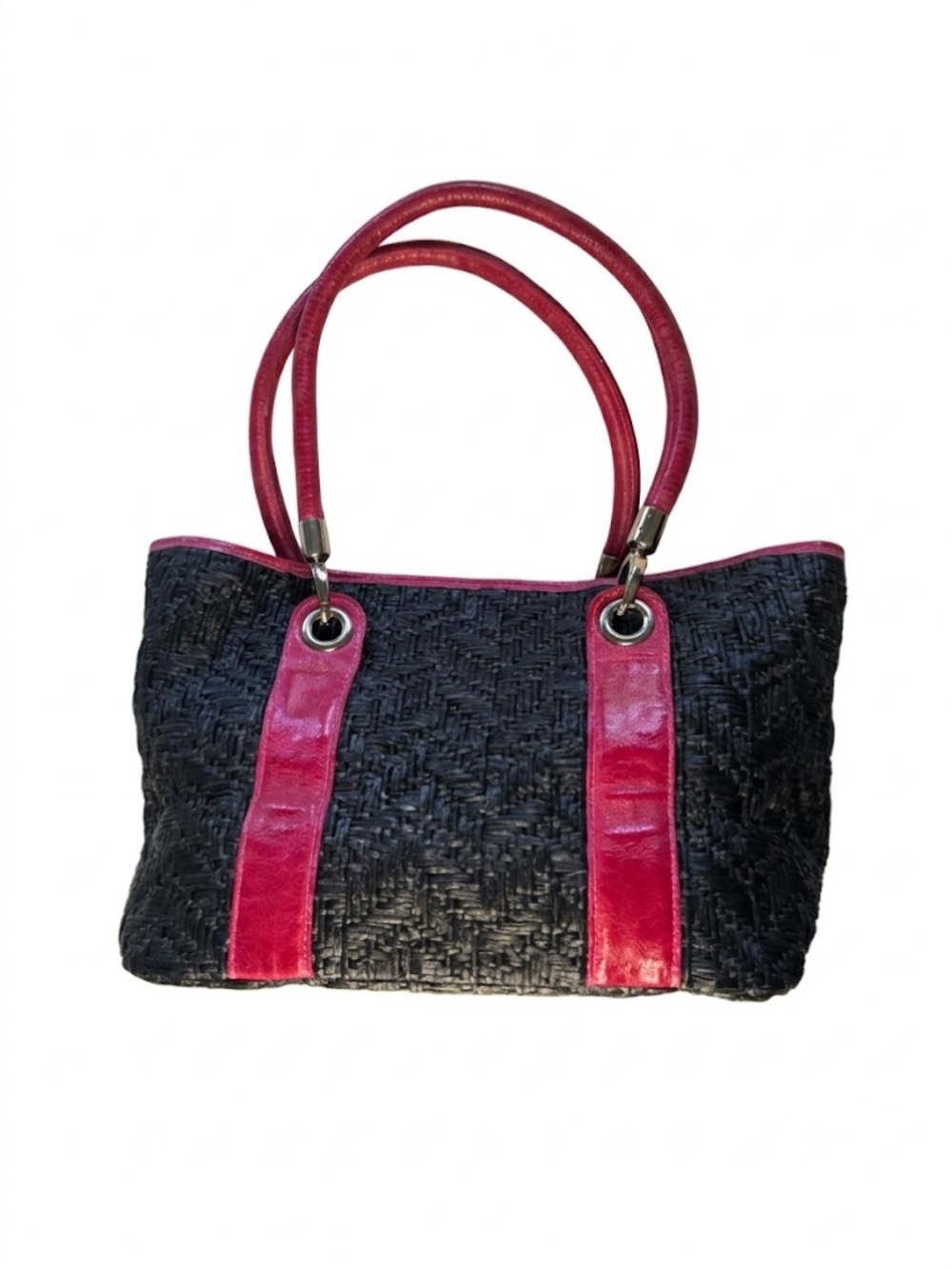 Roberto Pancani Italy Woven Straw Tote Black Pink Leather Trim Handbag